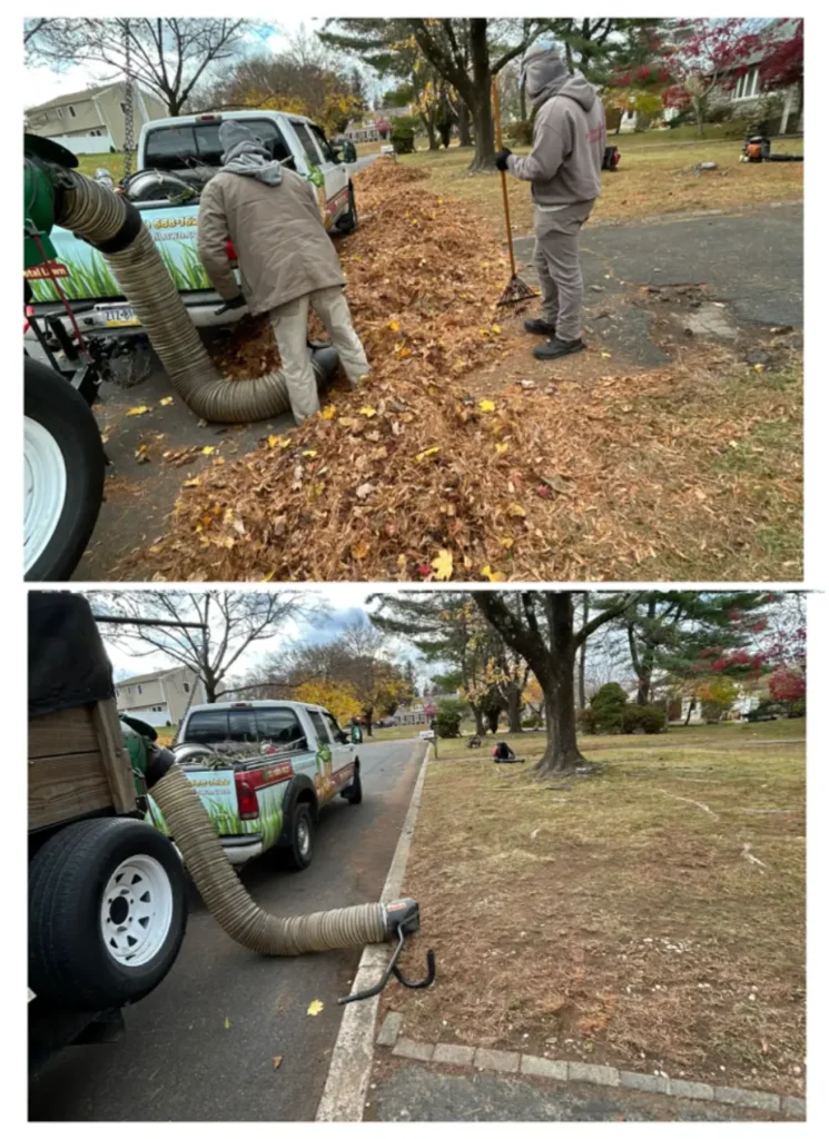Professional leaf removal service before and after, featuring curbside leaf cleanup with vacuum equipment and a clean residential lawn after leaf collection