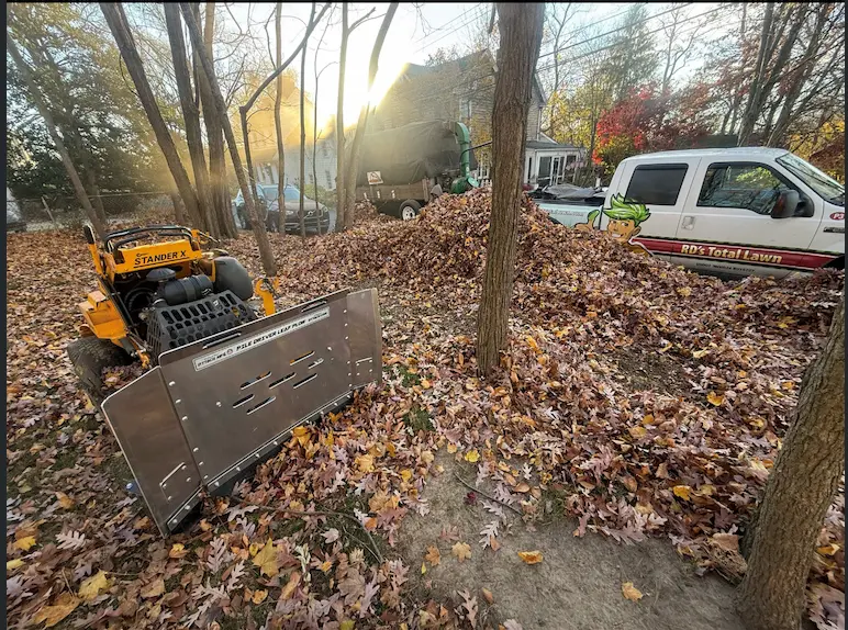 Professional leaf cleanup service featuring large leaf piles, vacuum collection equipment, and landscaping machinery for efficient fall yard maintenance at a residential property