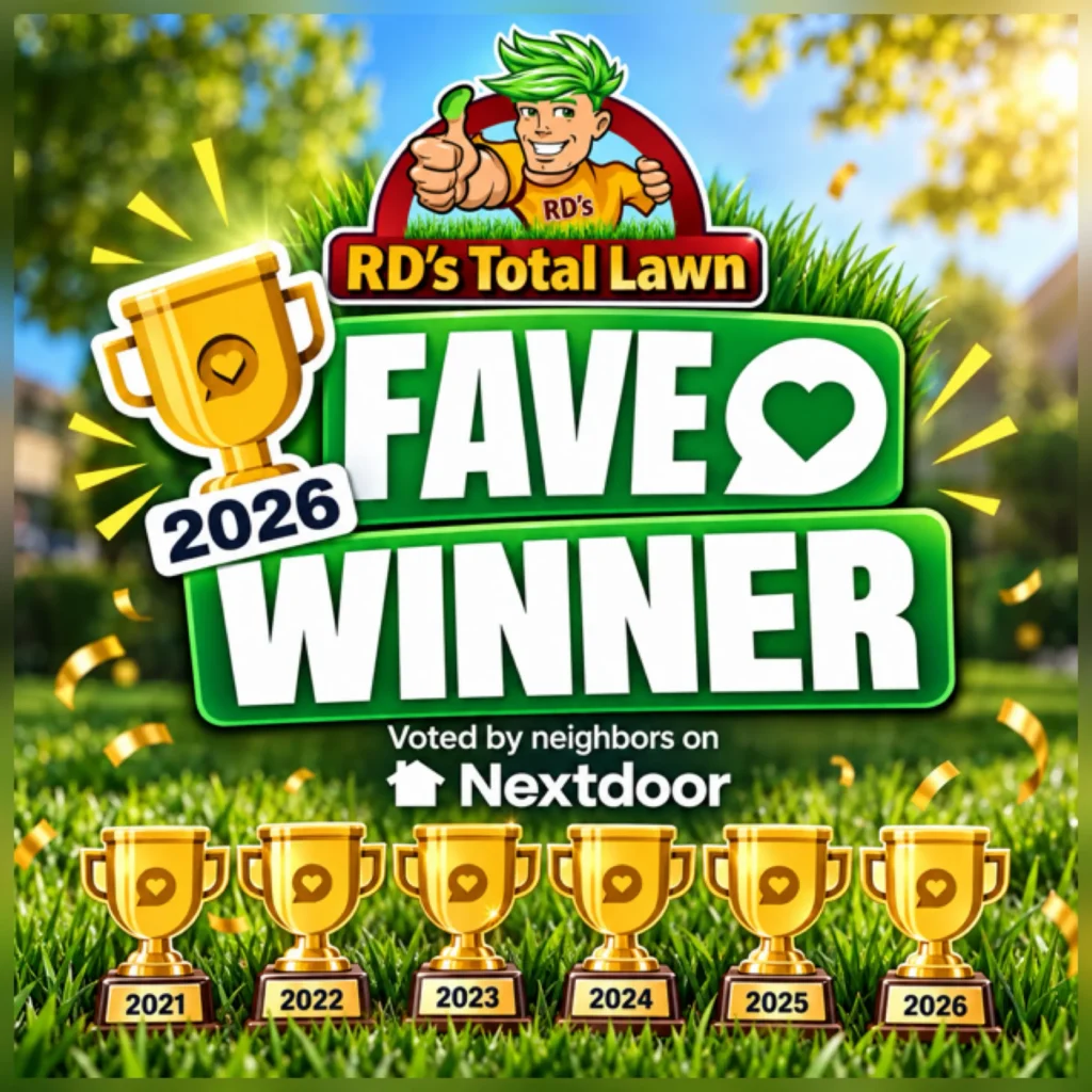RD's Total Lawn 2026 Nextdoor Neighborhood Favorite award graphic highlighting community-voted recognition for professional lawn care, landscaping, and property maintenance services